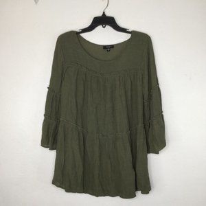 Cocomo Blouse Women 1X Olive Green Babydoll 3/4 Bell Sleeve Pullover Round Neck